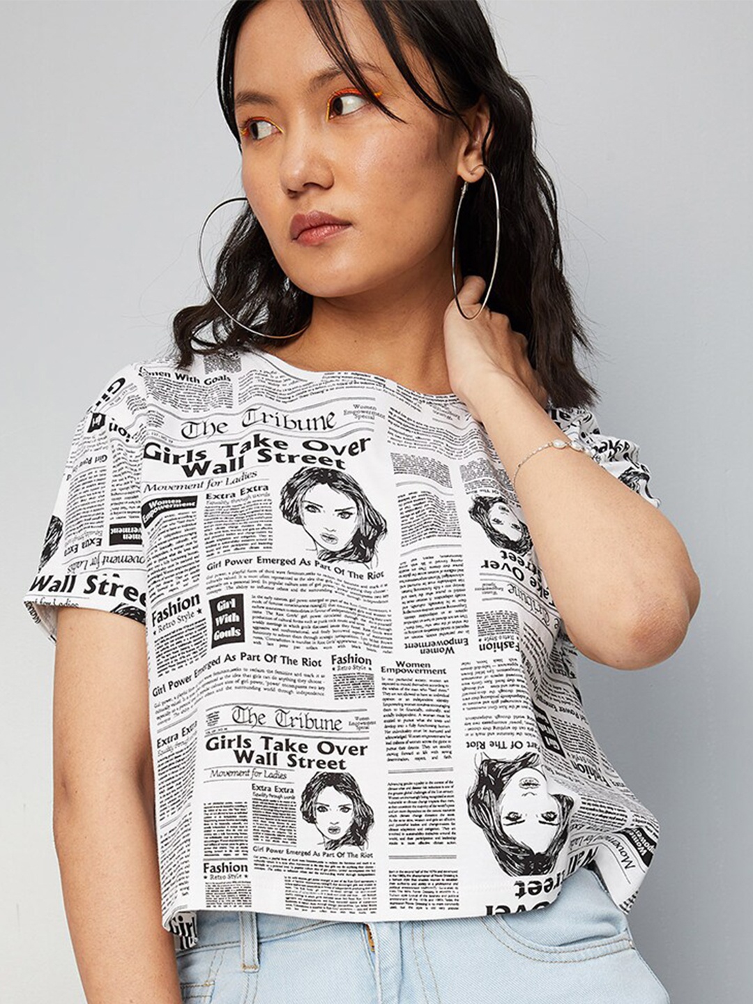

max Women Printed Cotton T-shirt, White