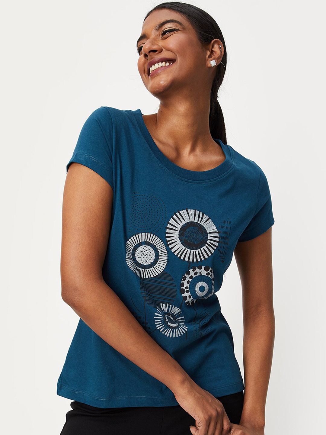

max Women Conversational Printed Pure Cotton T-shirt, Teal