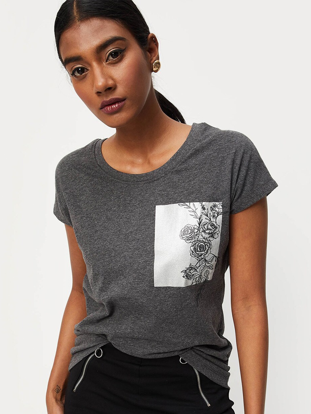 

max Women Floral Printed Cotton T-shirt, Grey