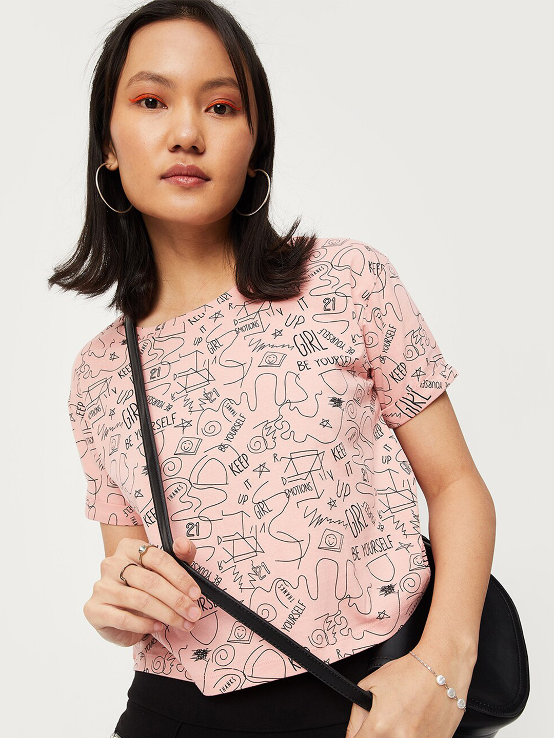 

max Women Printed Polo Collar Cotton T-shirt, Pink