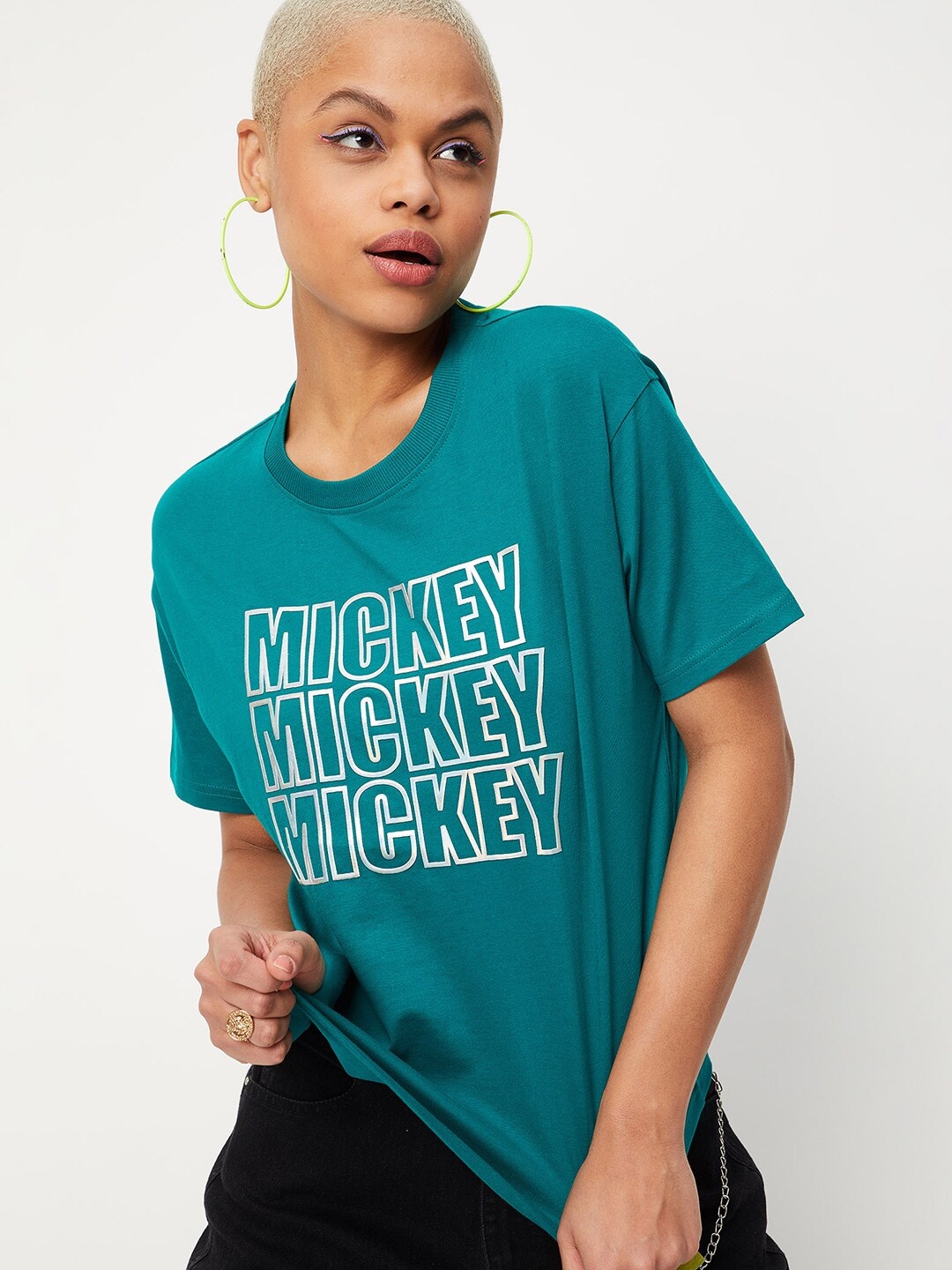 

max Women Typography Printed Pure Cotton T-shirt, Green