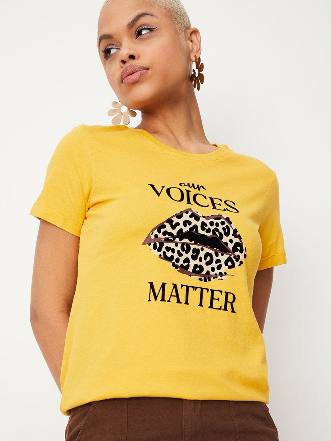 

max Women Typography Printed Cotton T-shirt, Yellow