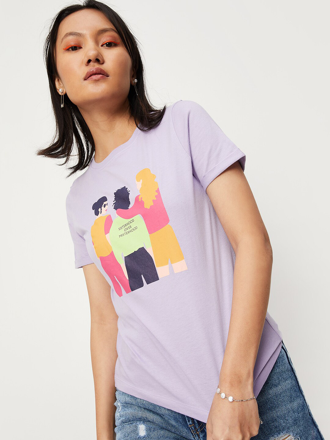 

max Women Printed Round Neck Pure Cotton T-shirt, Purple