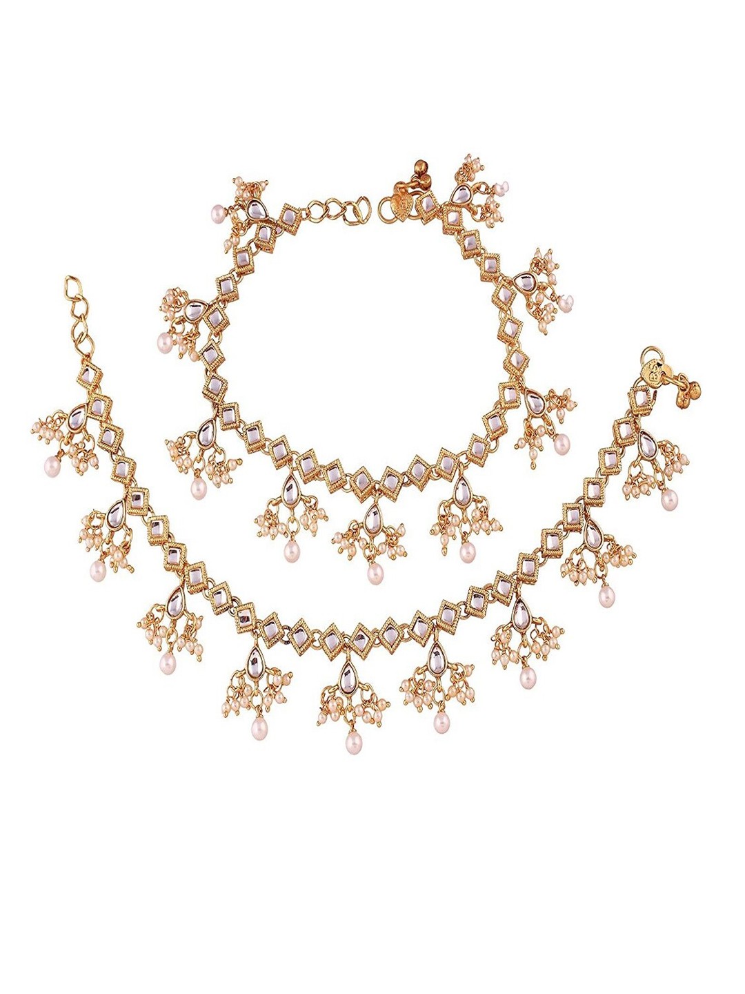 

I Jewels Set Of 2 Gold-Plated Kundan Studded & Beaded Anklet