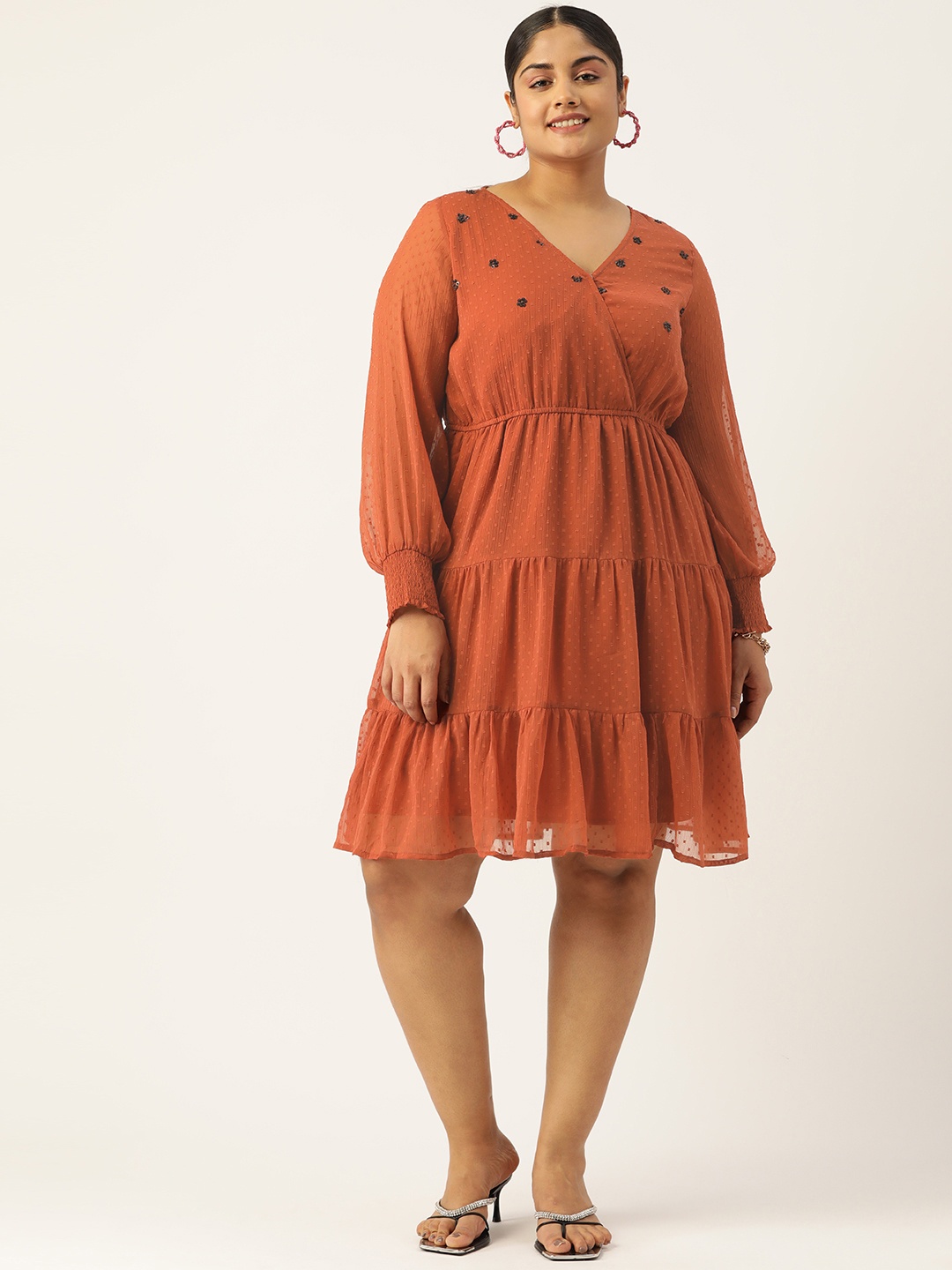

Antheaa Curve Plus Size Dooby Weave Embellished Wrap Dress, Rust