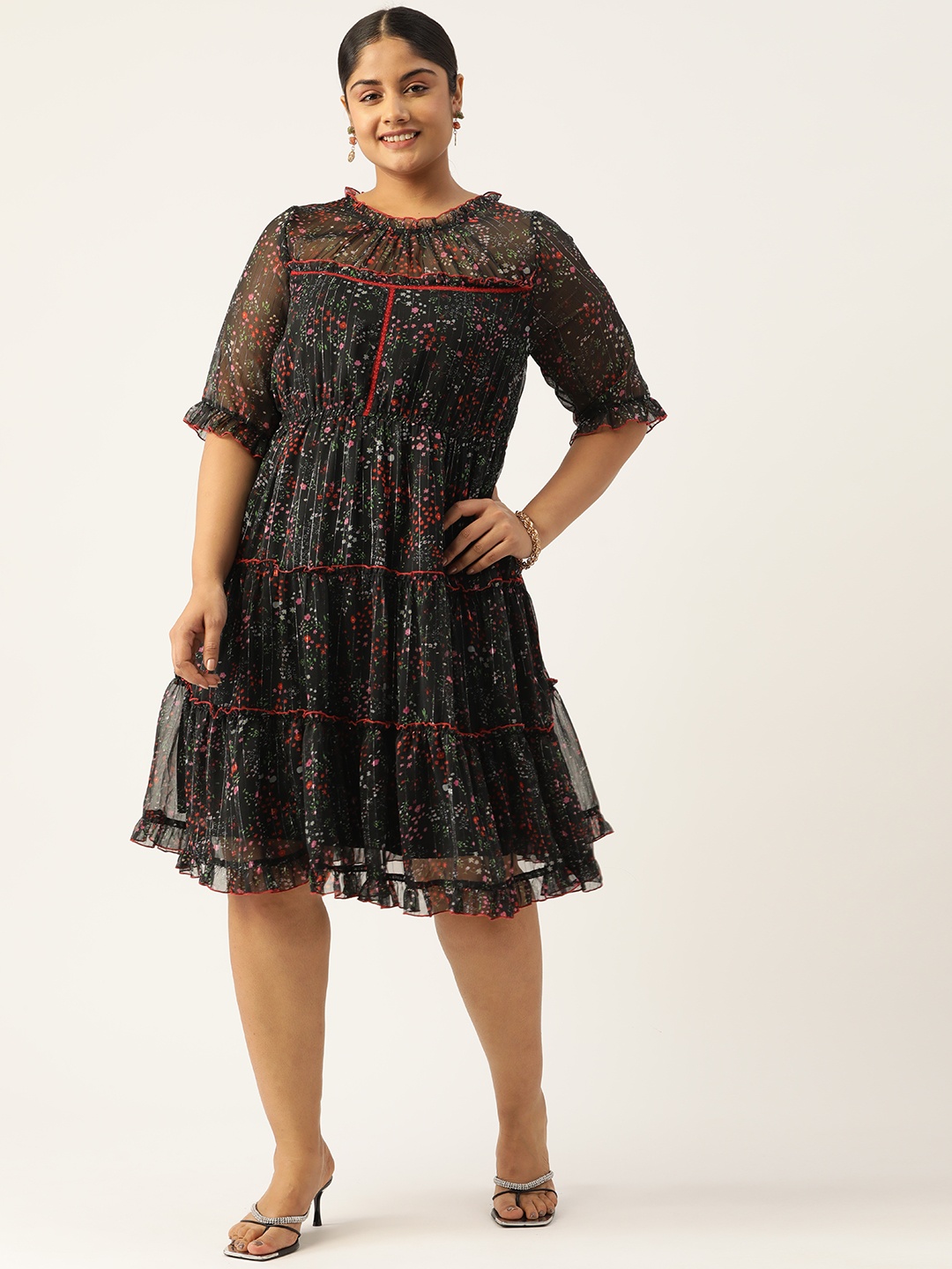 

Antheaa Curve Plus Size Floral Chiffon A-Line Midi Dress, Black