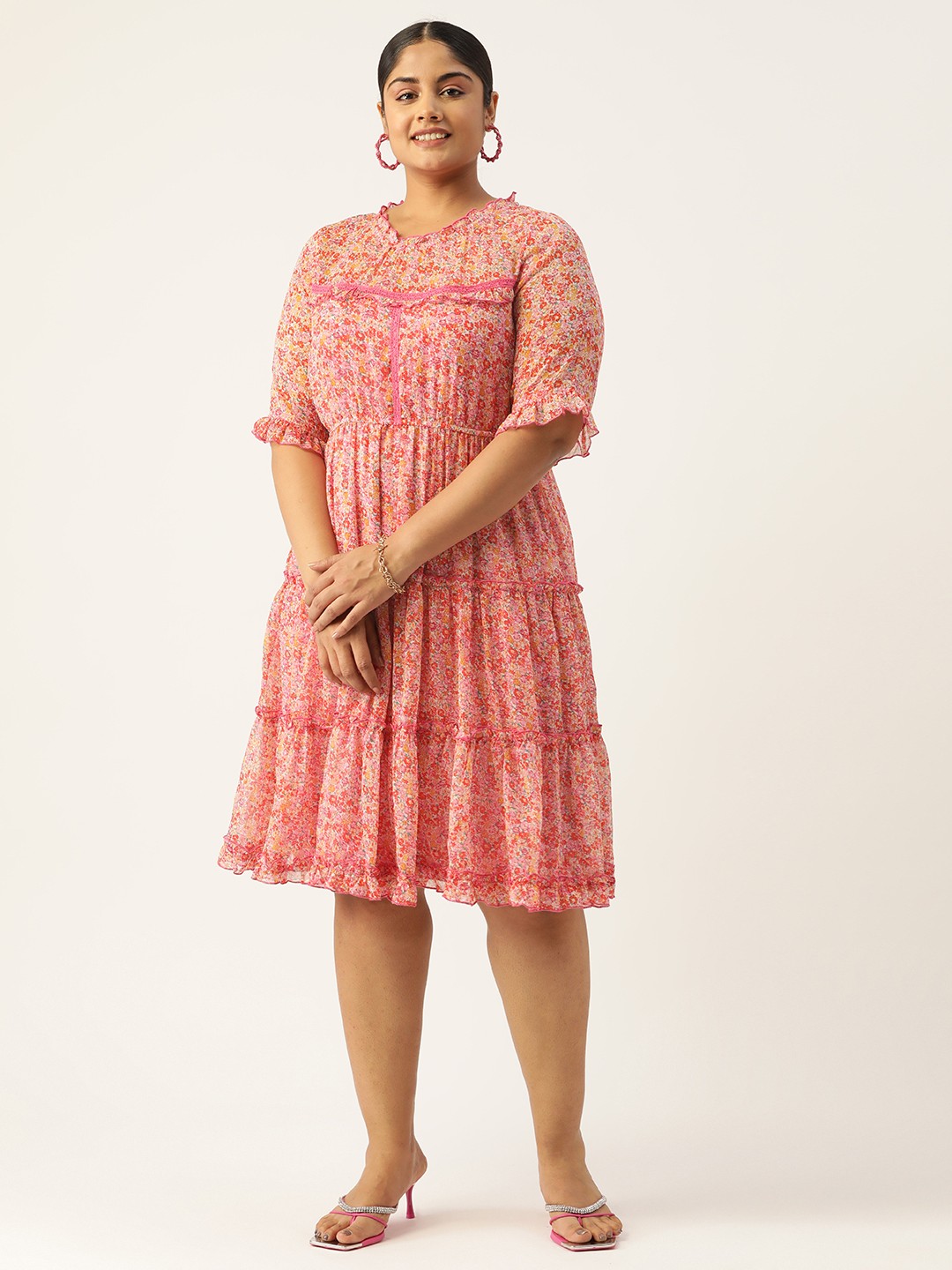 

Antheaa Curve Plus Size Floral Chiffon Midi Dress, Pink