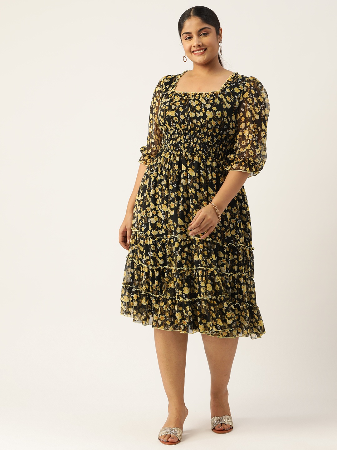 

Antheaa Curve Plus Size Floral Print Puff Sleeves Chiffon Midi Dress With Smocked Detail, Black