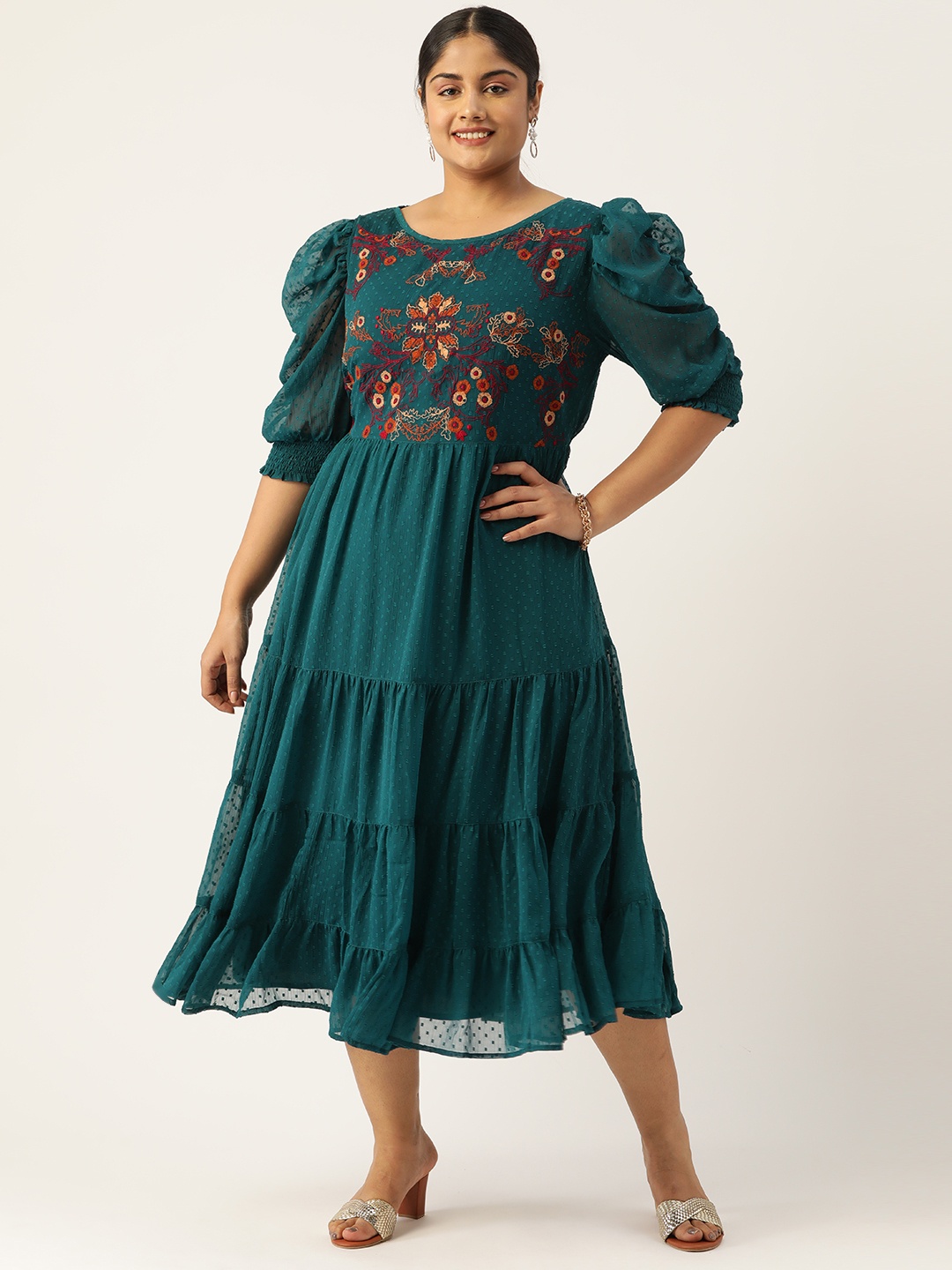 

Antheaa Curve Plus Size Floral Embroidered Puff Sleeves Tiered Chiffon Midi Dress, Teal