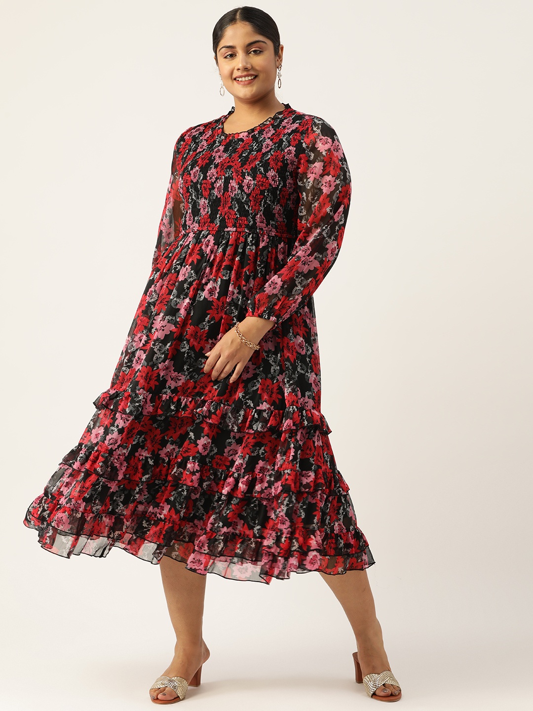 

Antheaa Curve Plus Size Floral Print Bishop Sleeves Tiered Chiffon Midi Dress, Black