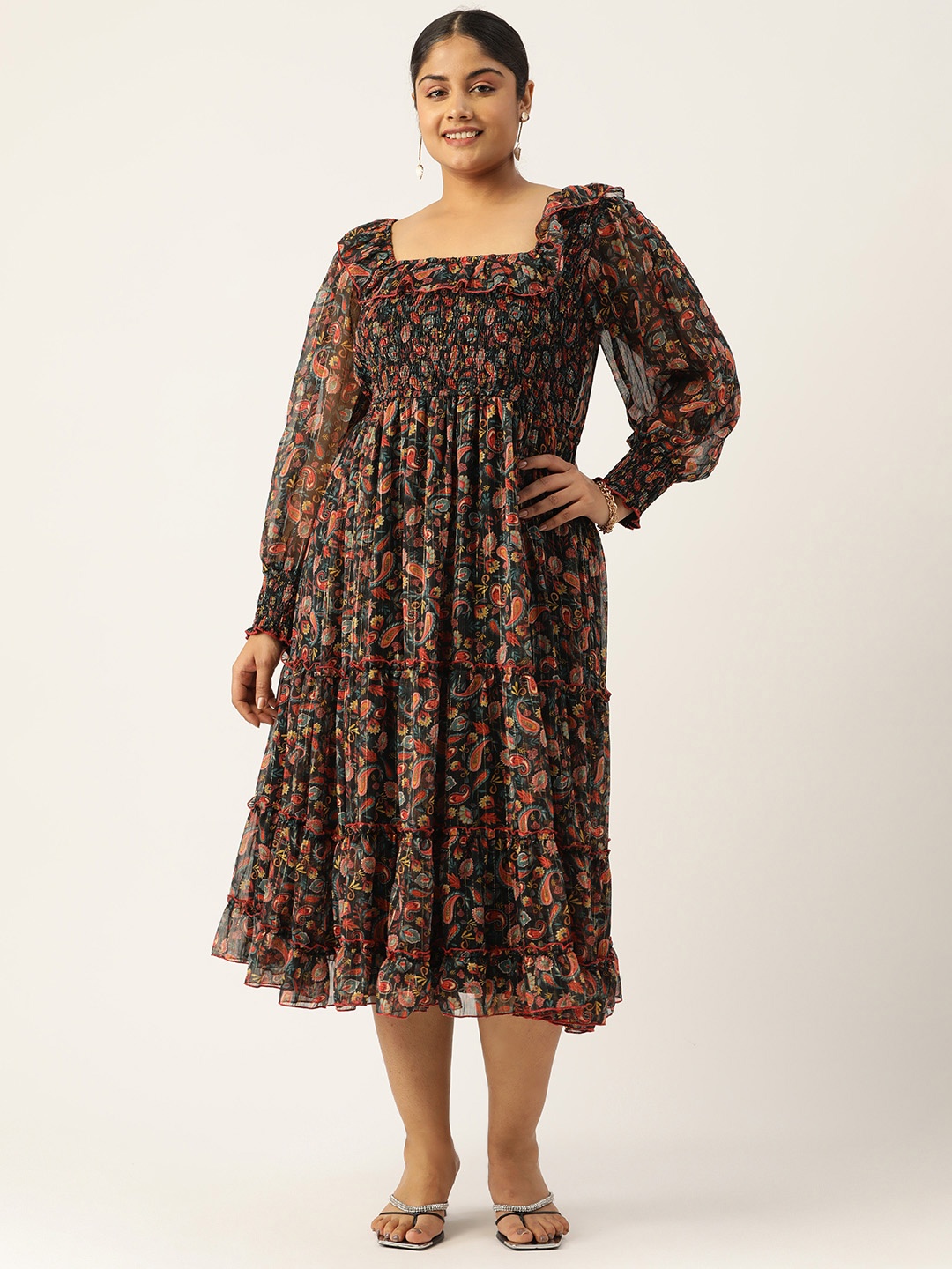 

Antheaa Curve Plus Size Ethnic Motifs Smocked Tiered Chiffon Midi Dress, Black