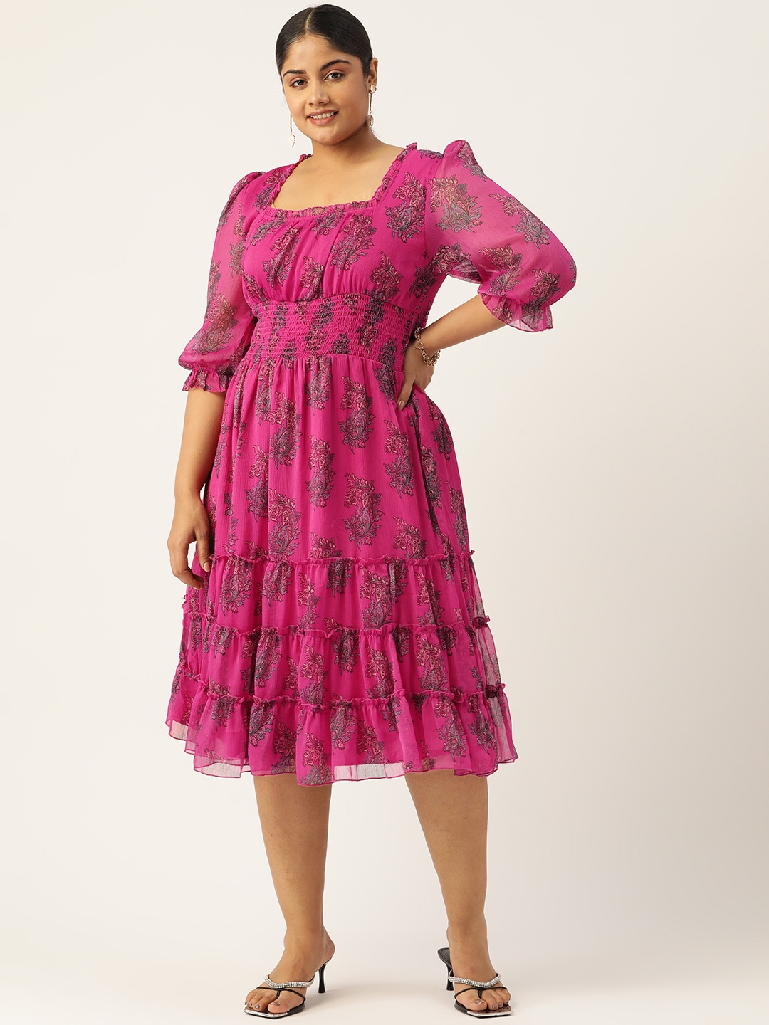 

Antheaa Curve Plus Size Ethnic Motifs Smocked Tiered Chiffon Midi Dress, Fuchsia