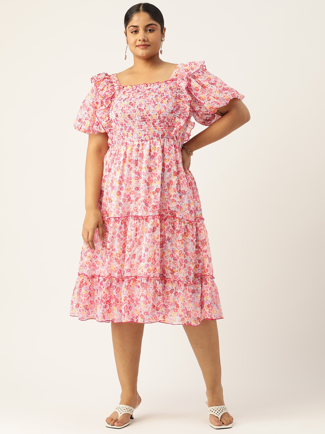 

Antheaa Curve Plus Size Floral Printed Smocked Tiered Chiffon Midi Dress, Pink