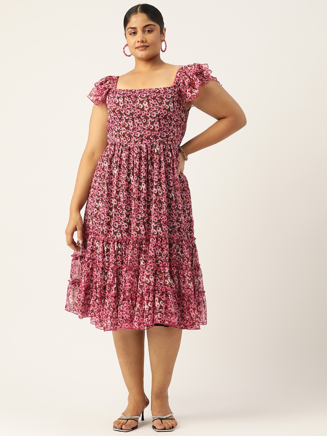 

Antheaa Curve Plus Size Floral Printed Smocked Tiered Chiffon Midi Dress, Pink