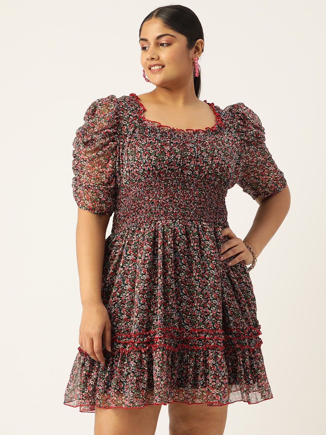 

Antheaa Curve Plus Size Floral Printed Smocked Tiered Chiffon Dress, Black