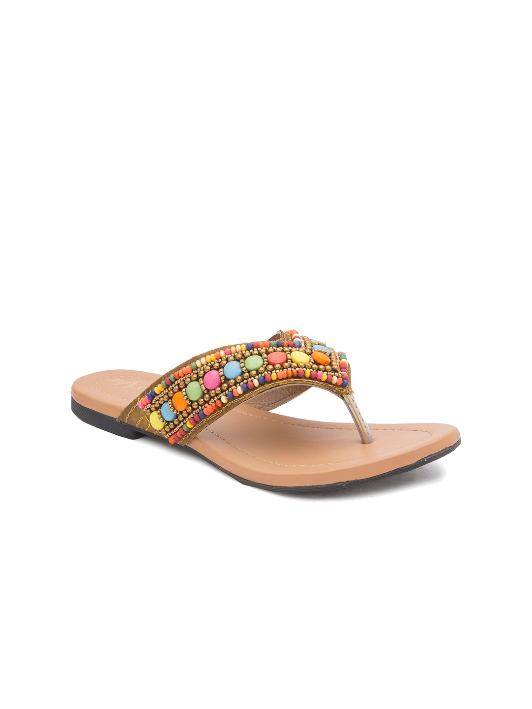 

WALK N STYLE COLLECTION Women Embellished Ethnic T-Strap Flats, Beige