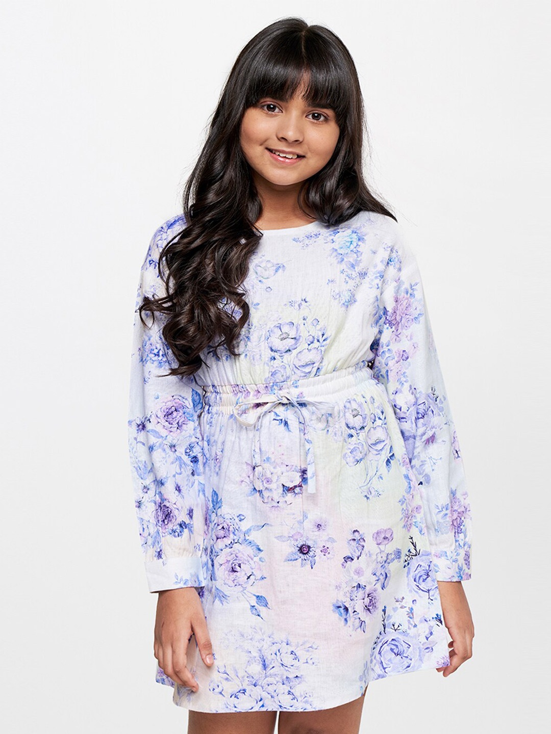 

AND Girls Floral Printed Linen A-Line Dress, White