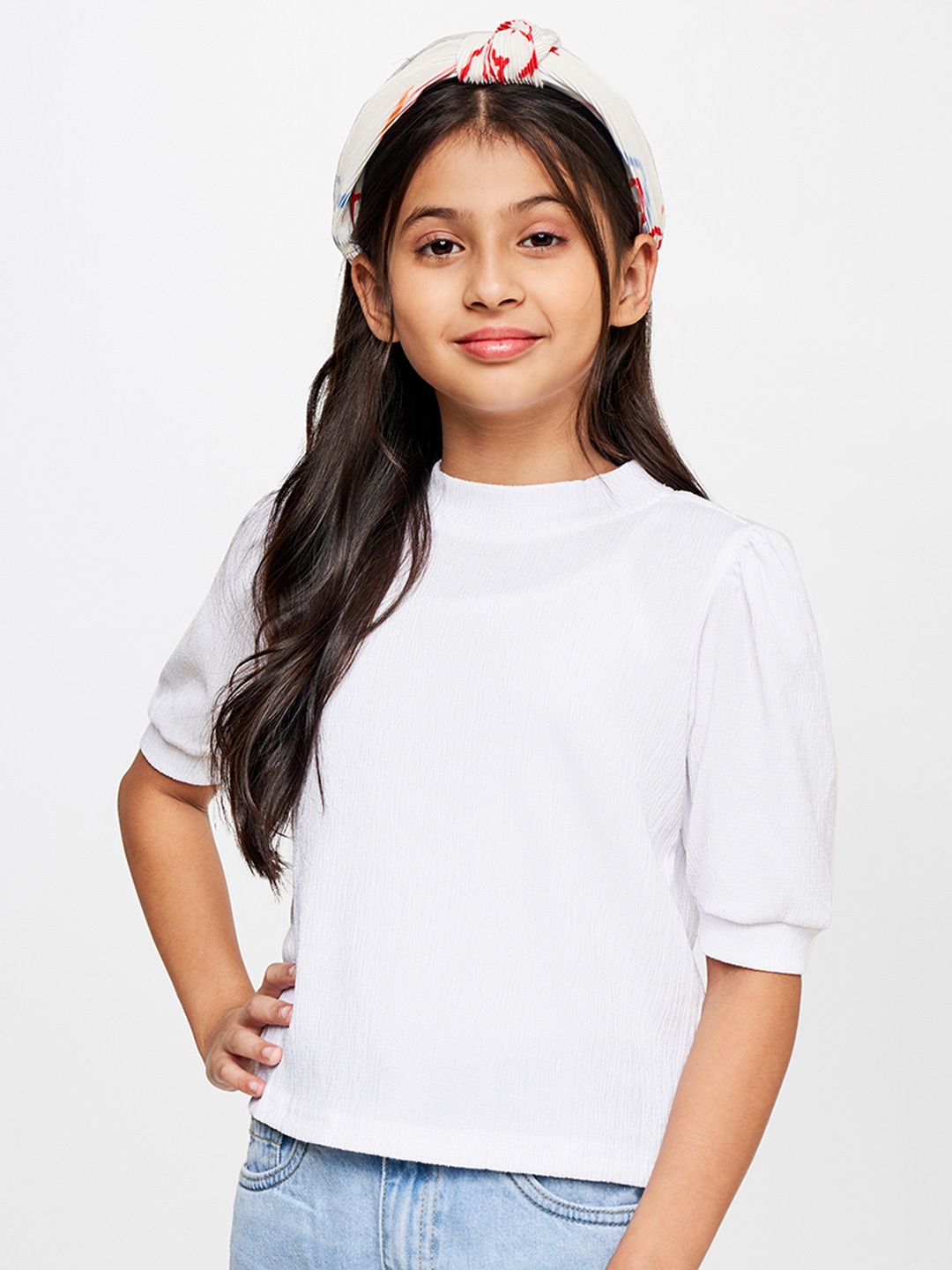 

AND Girls Round Neck Top, White