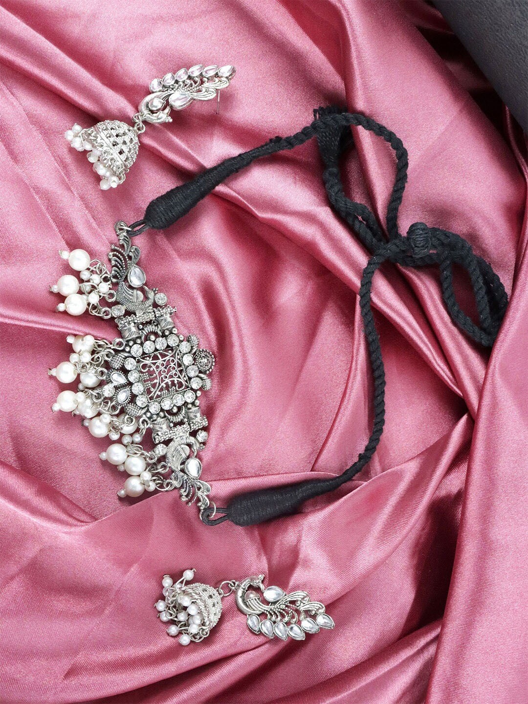 

VAGHBHATT Oxidized Brass-Plated Stone Studded & Beaded Jewellery Set, White