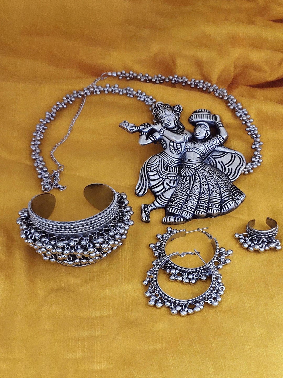 

VAGHBHATT Brass-Plated Oxidised Radhe Krishna Jewellery Set, Silver