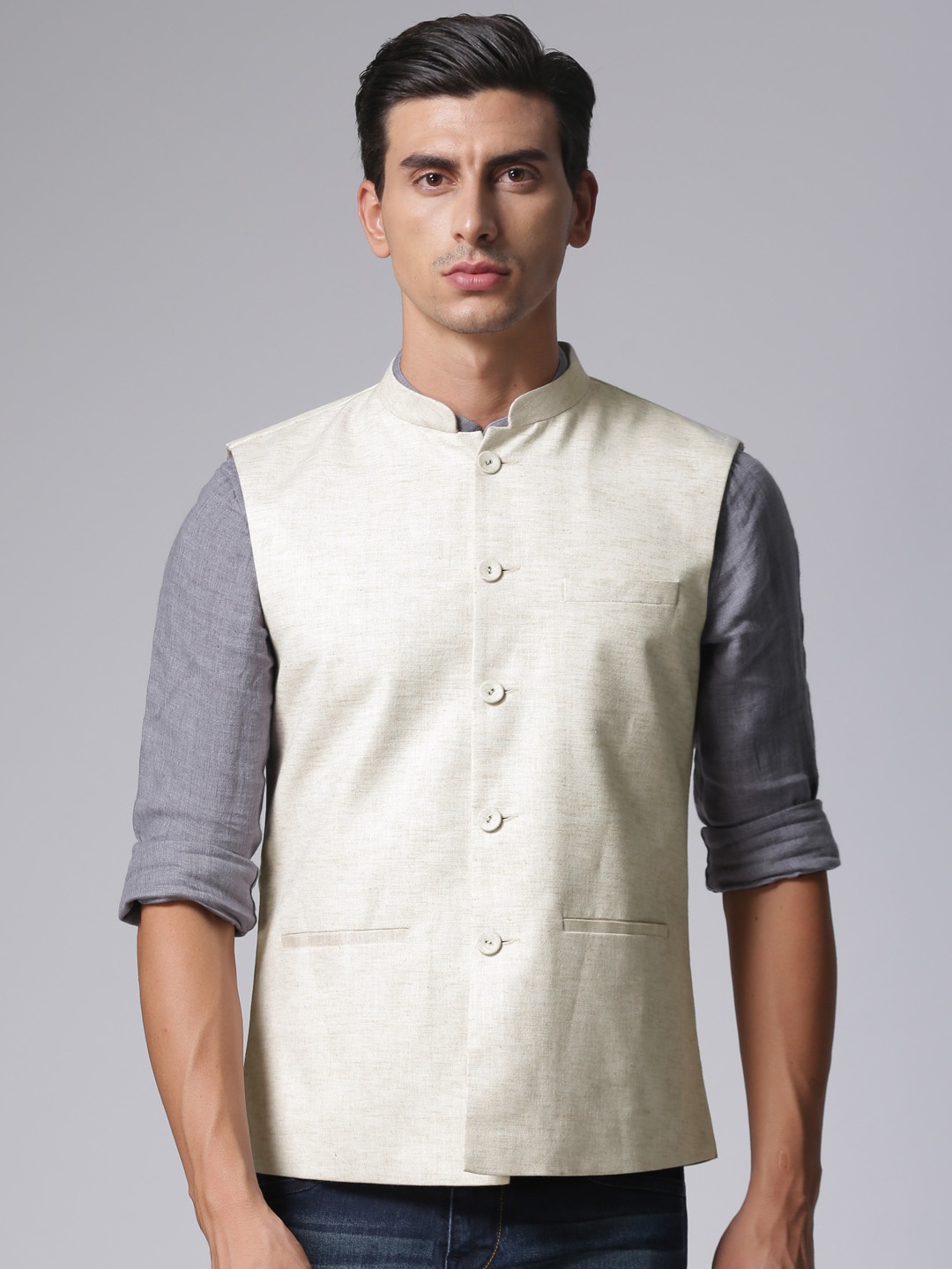 

True Blue Beige Nehru Jacket