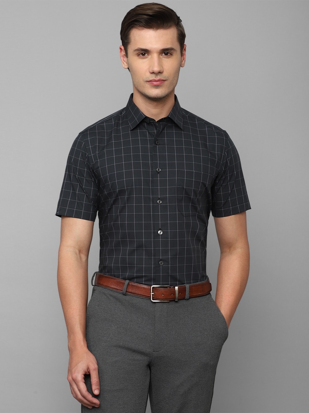 

Louis Philippe Men Slim Fit Grid Tattersall Checked Formal Cotton Shirt, Grey