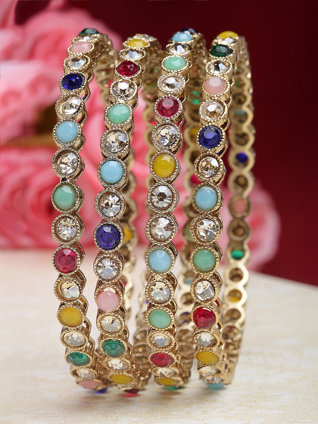 

KARATCART Set Of 4 Gold-Plated Stone Studded Bangles, Sea green