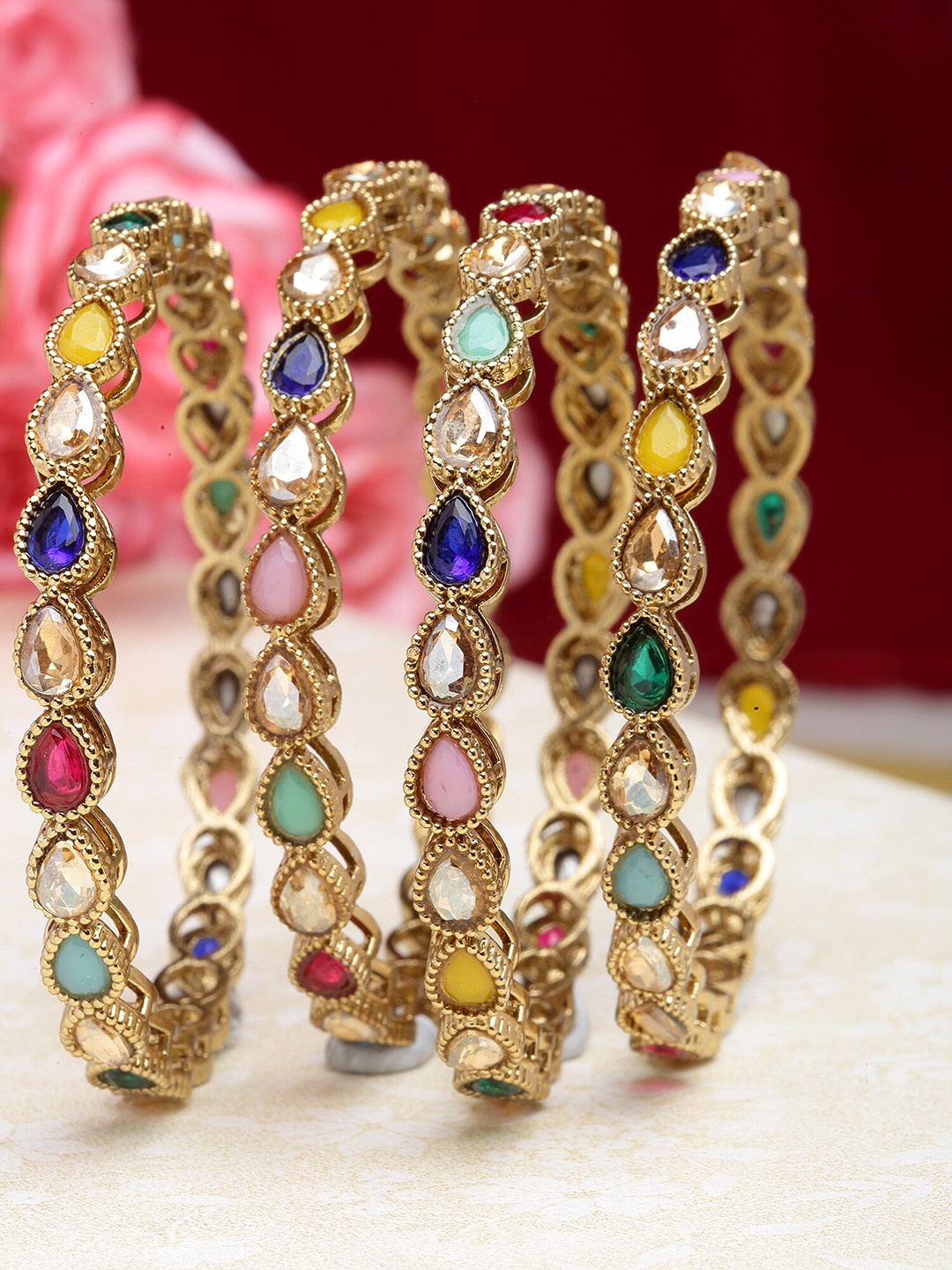 

KARATCART Set Of 4 Gold-Plated Stone Studded Bangles