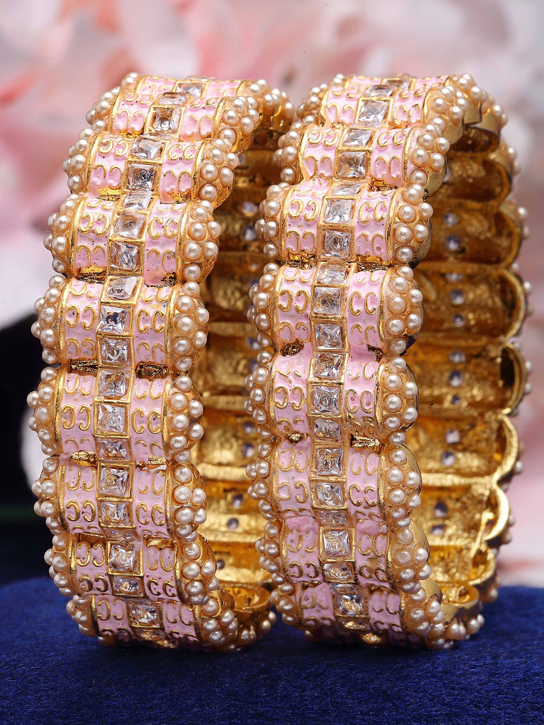 

KARATCART Set Of 2 Gold-Plated Kundan Studded Rajwadi Bangles, Pink