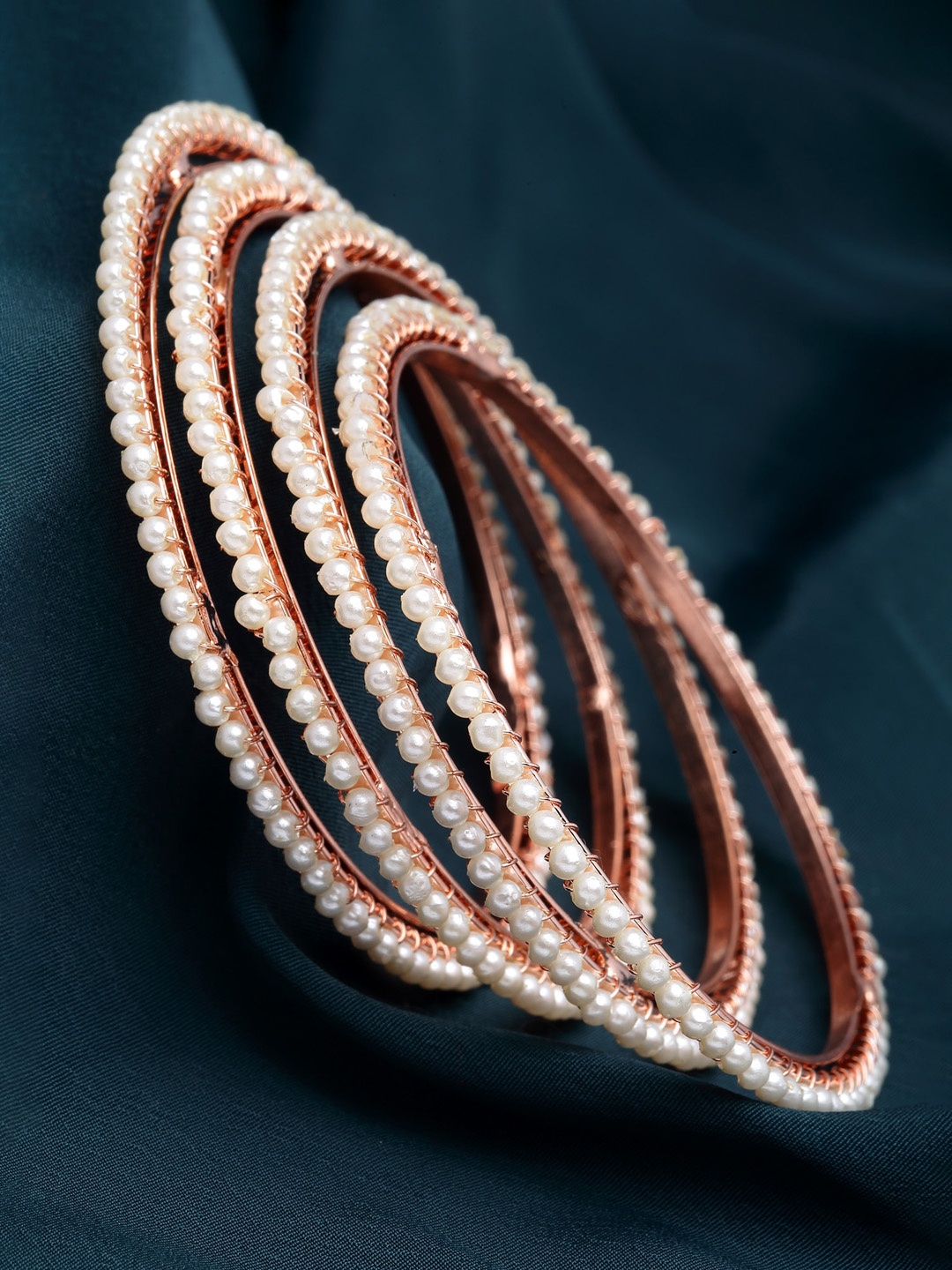 

KARATCART Set Of 4 Rose Gold-Plated Pearl Studded Bangles