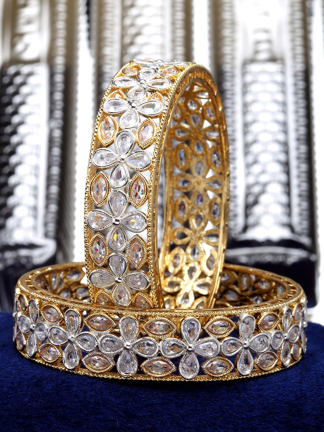 

KARATCART Set Of 2 Gold-Plated CZ-Studded Bangles, White