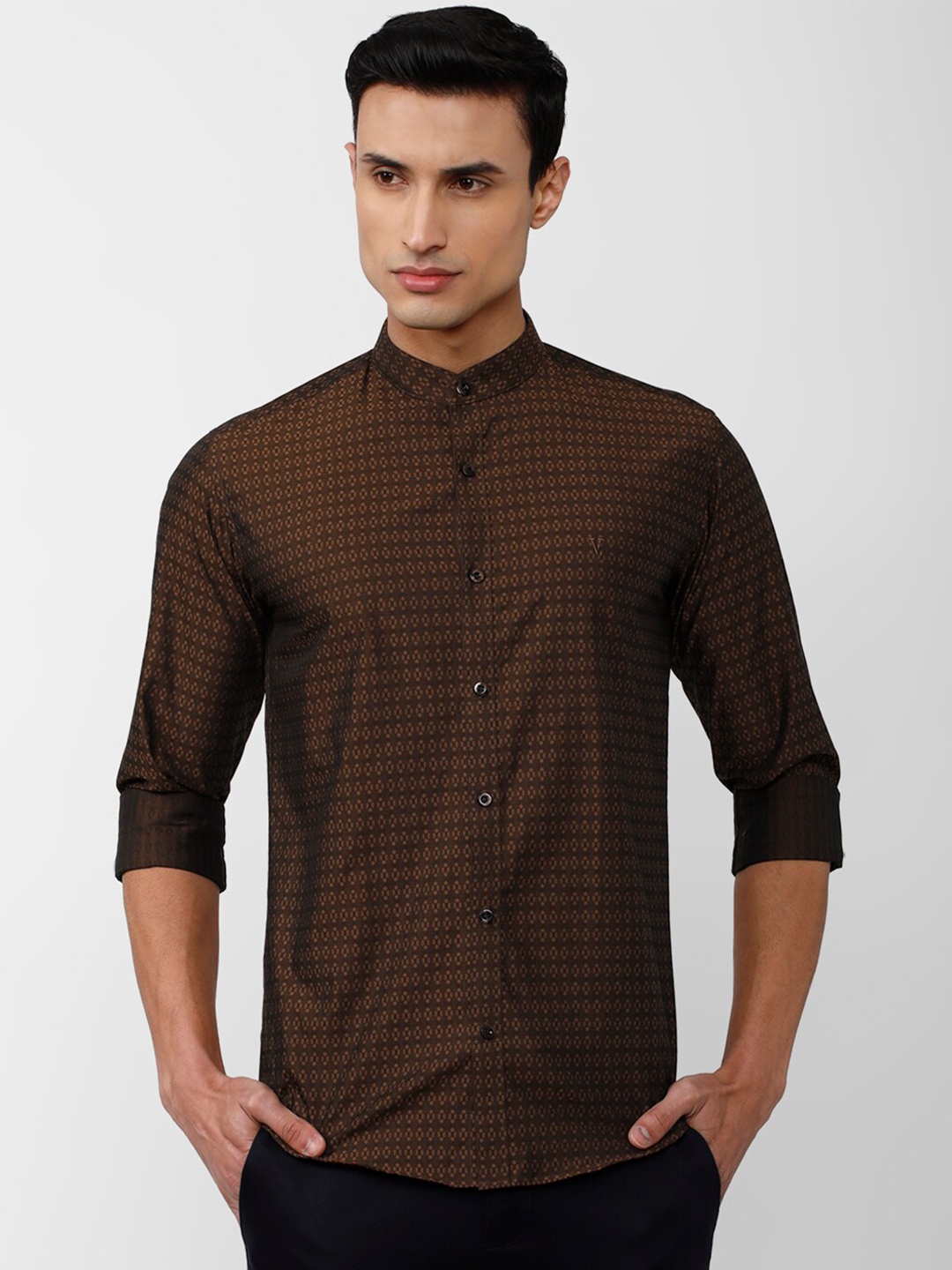 

V Dot Men Slim Fit Printed Casual Cotton Shirt, Brown