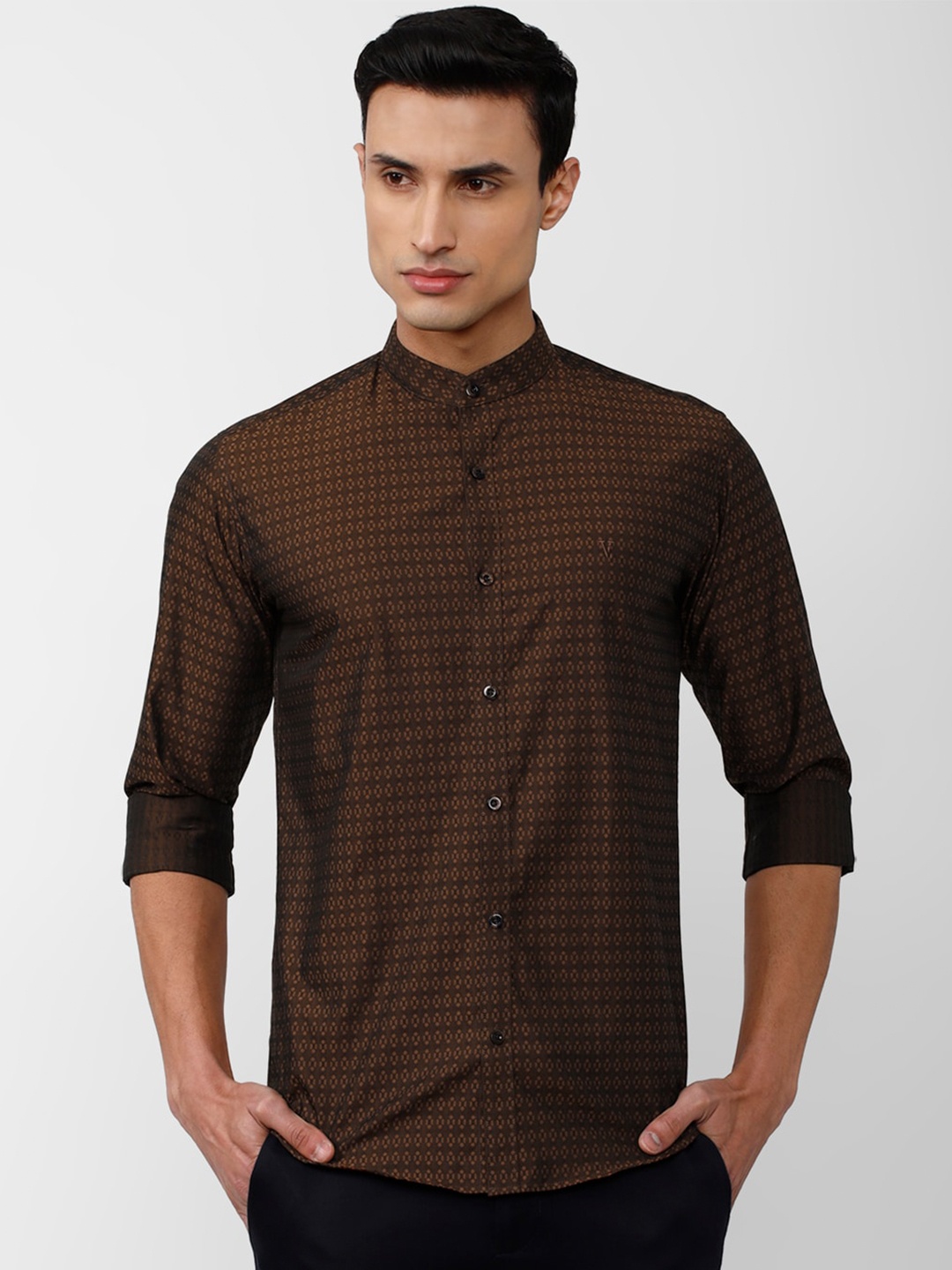 

V Dot Men Slim Fit Micro Ditsy Printed Casual Cotton Shirt, Brown