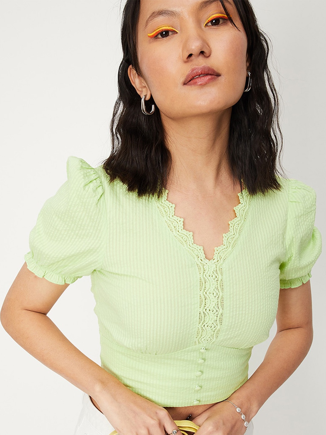 

max Lime Striped V-Neck Cotton Crop Top, Lime green