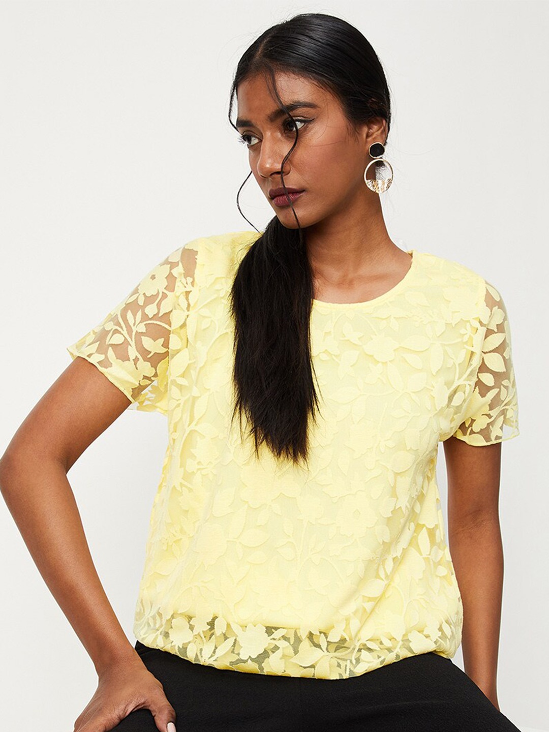 

max Self Design Round Neck Top, Yellow
