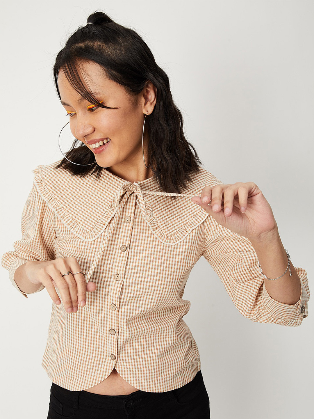 

max Beige Checked Tie-Up Neck Shirt Style Top