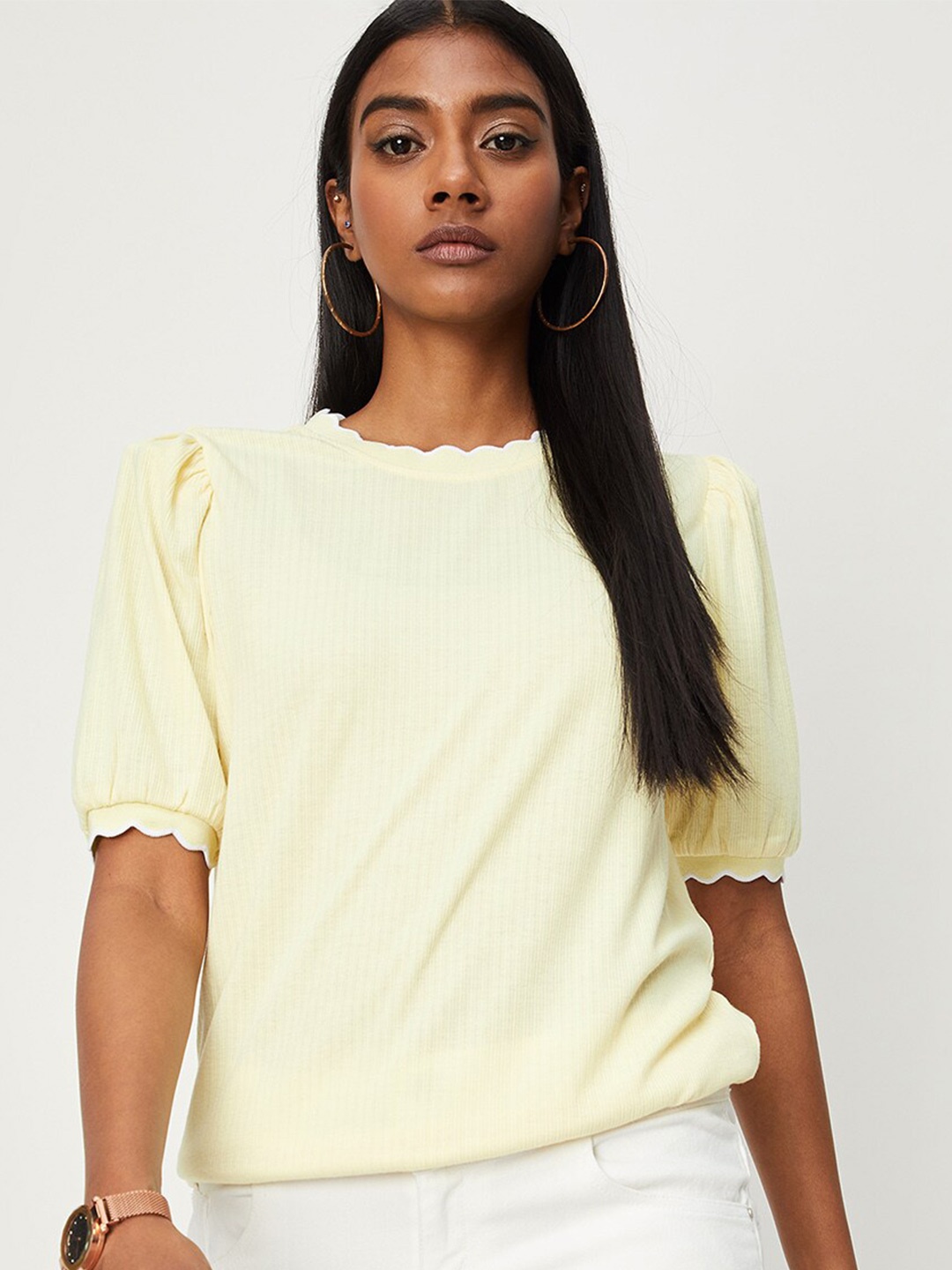 

max Round Neck Puff Sleeves Top, Yellow
