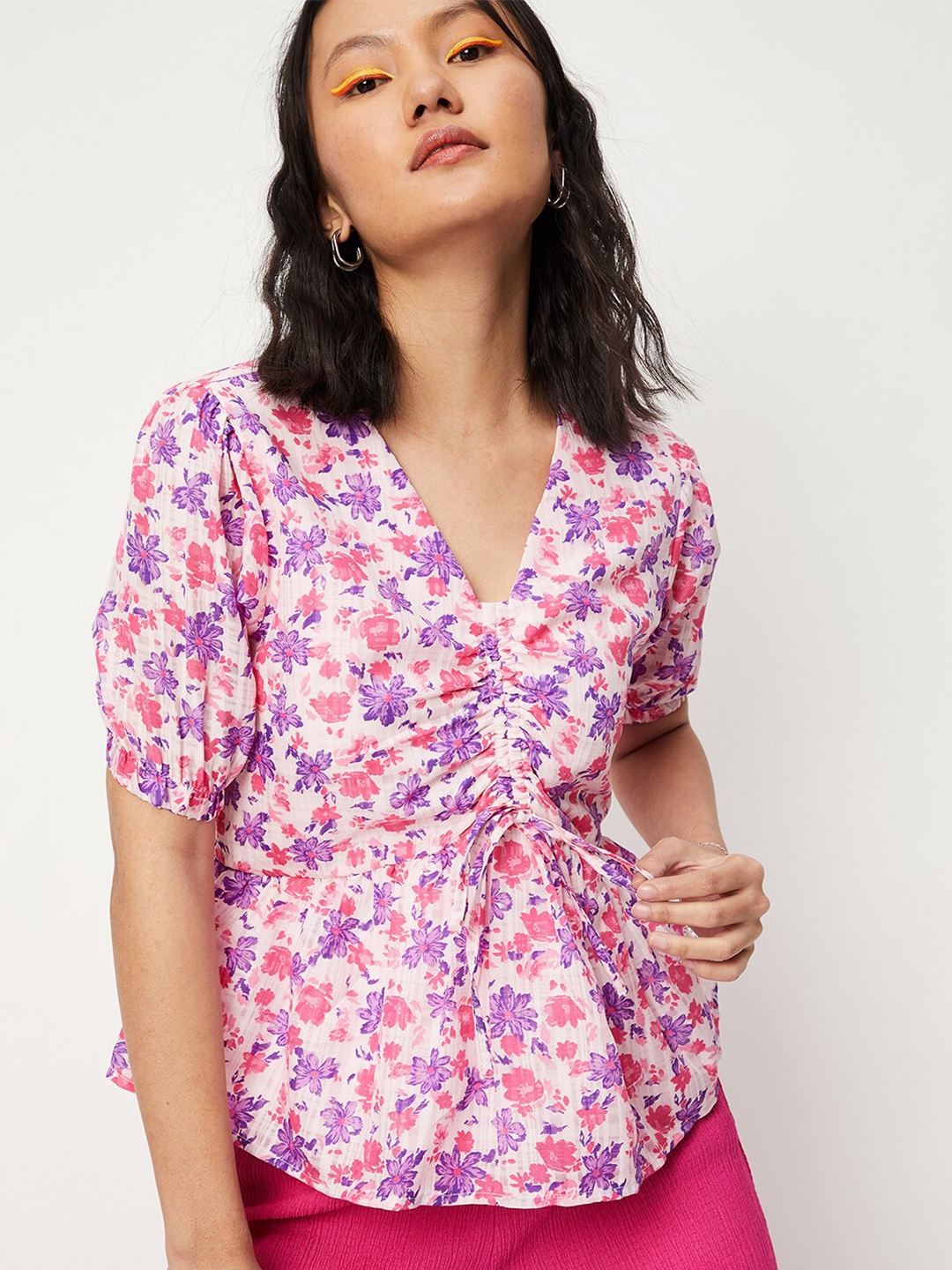 

max Floral Print Cinched Waist Top, Pink