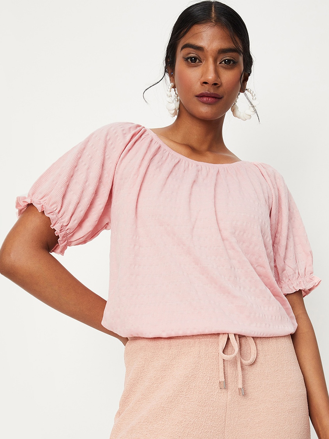

max Self Design Round Neck Top, Pink