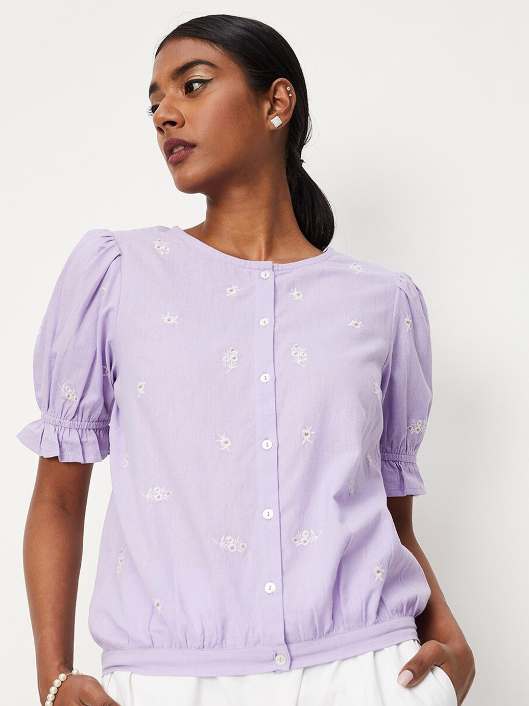 

max Floral Printed Puffs Sleeve Shirt Style Top, Lavender