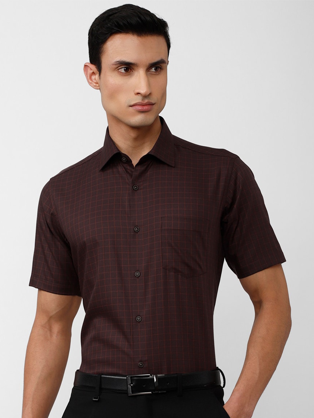 

Van Heusen Men Grid Tattersall Checked Formal Cotton Shirt, Brown