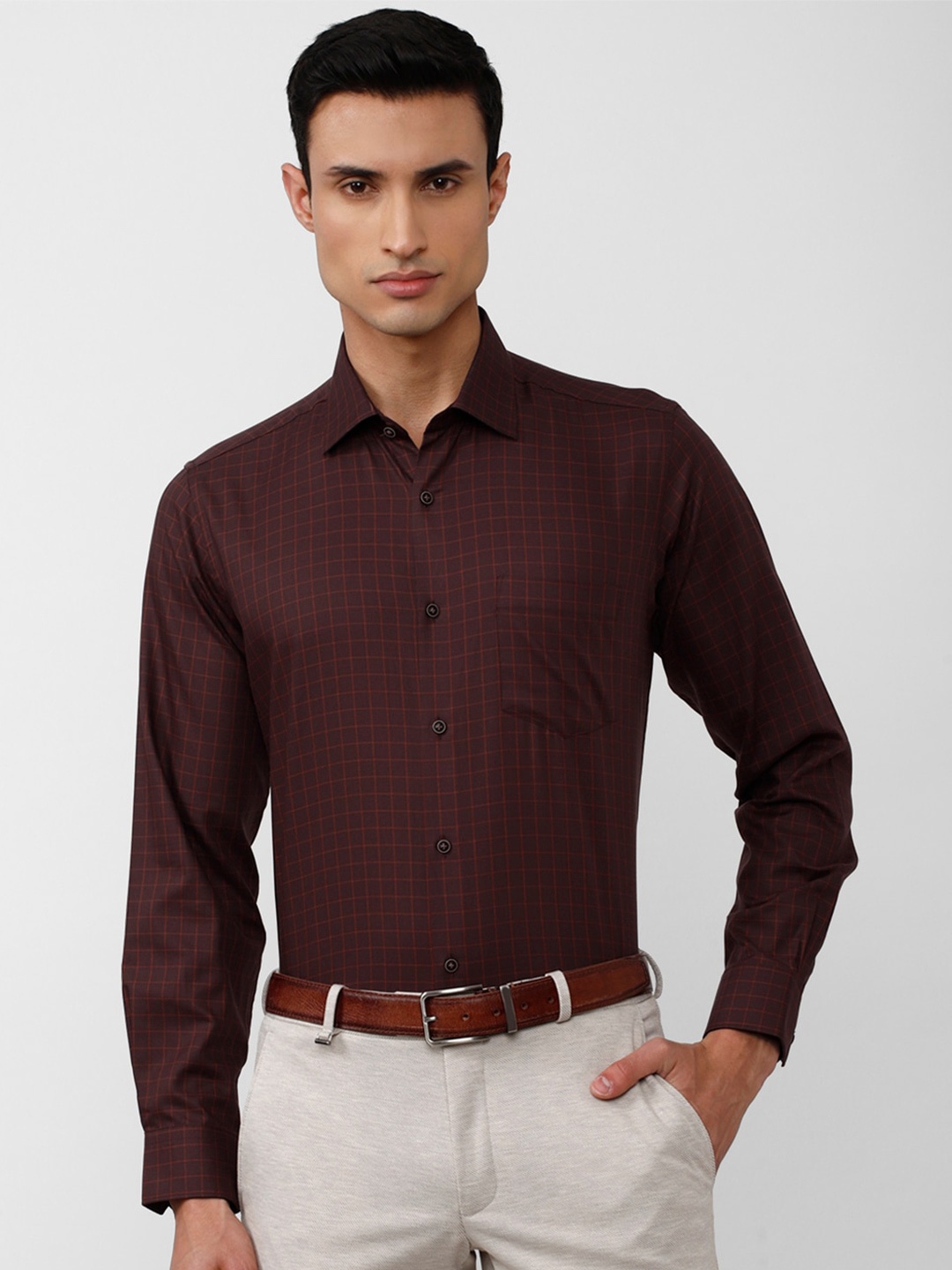 

Van Heusen Men Grid Tattersall Checks Pure Cotton Formal Shirt, Brown