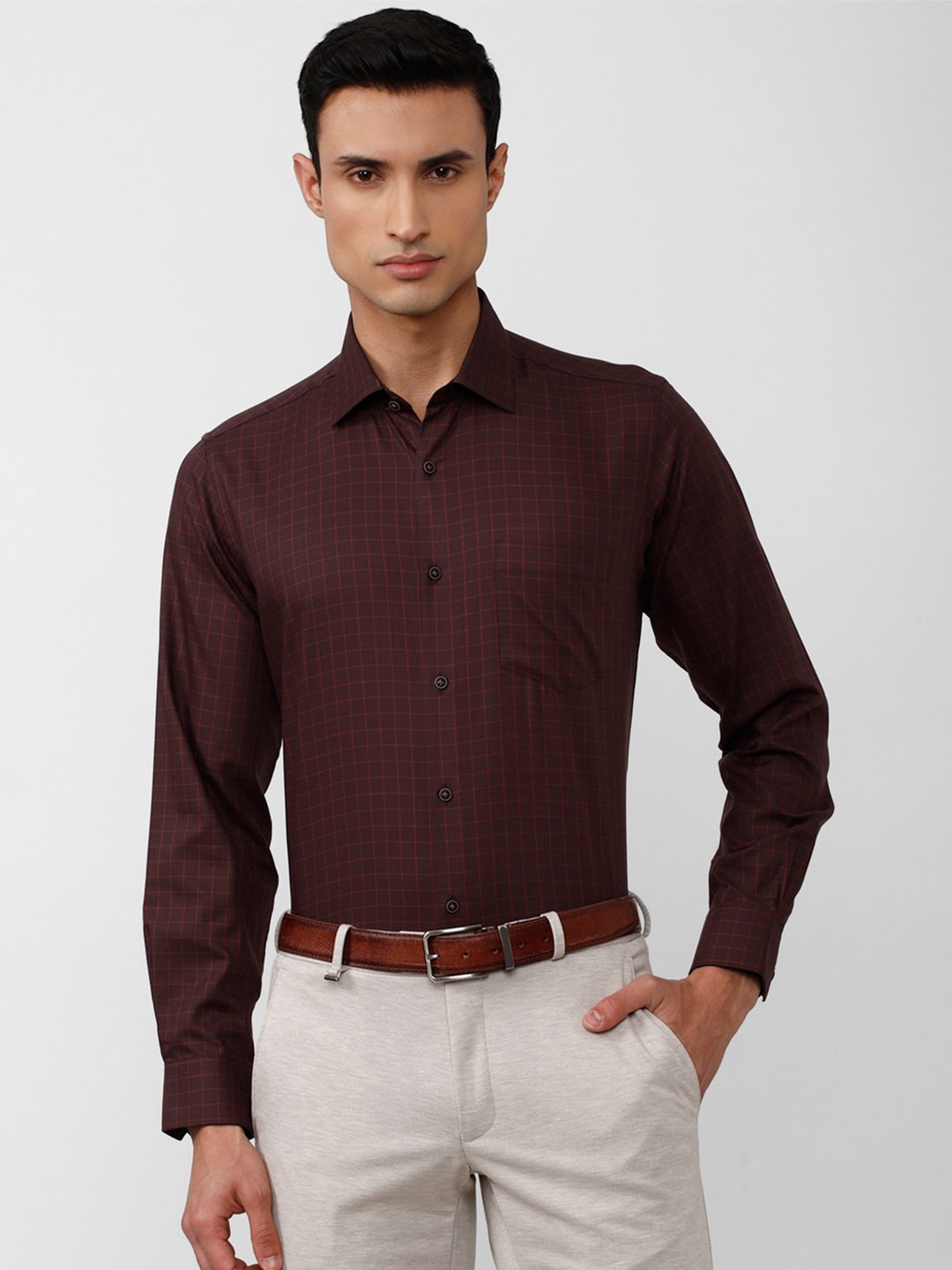 

Van Heusen Men Grid Tattersall Checks Checked Formal Pure Cotton Shirt, Brown