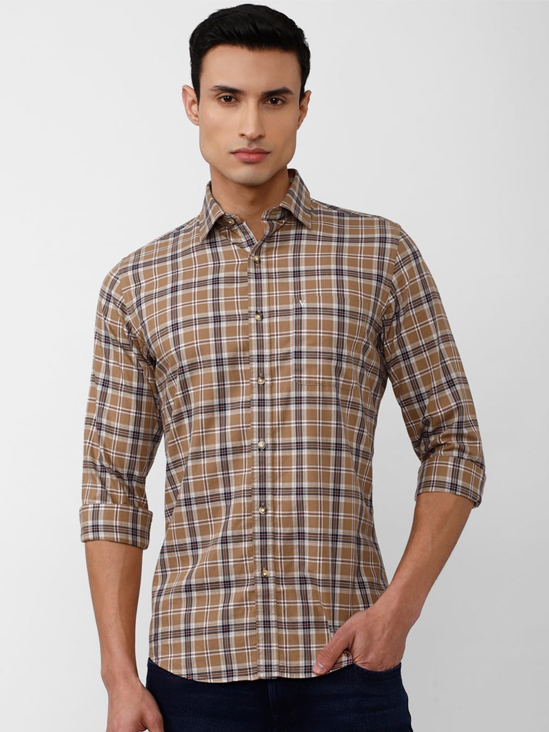 

Van Heusen Sport Men Slim Fit Tartan Checks Checked Cotton Casual Shirt, Brown