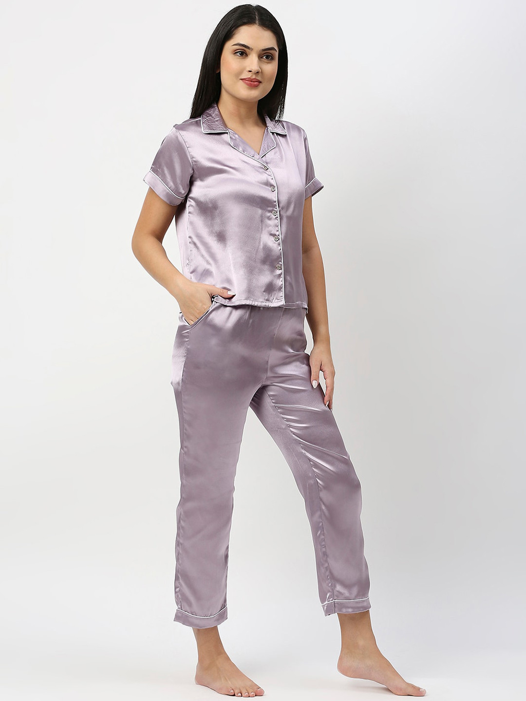 

ZRI Women 2 Pieces Satin Night Suit, Purple
