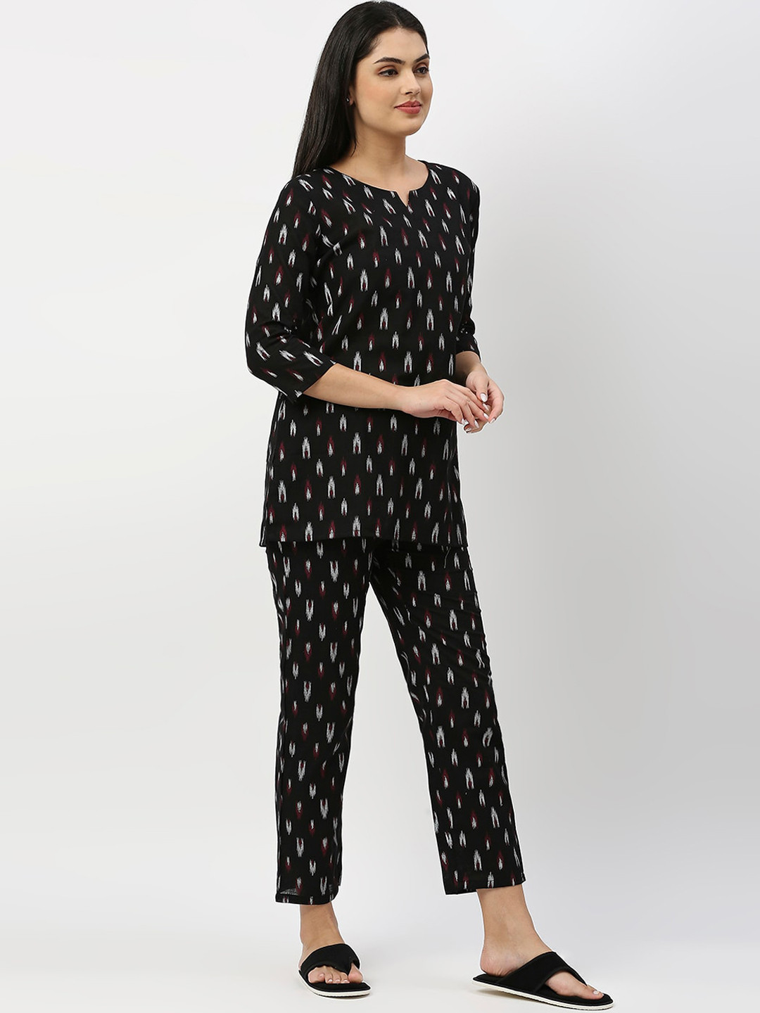 

ZRI Women 2 Pieces Printed Pure Cotton Night Suit, Black