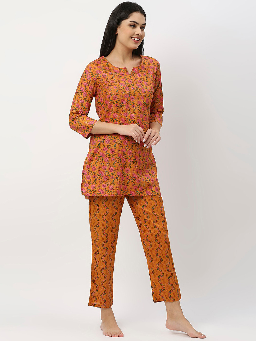 

ZRI Women 2 Pieces Printed Pure Cotton Night Suit, Rust