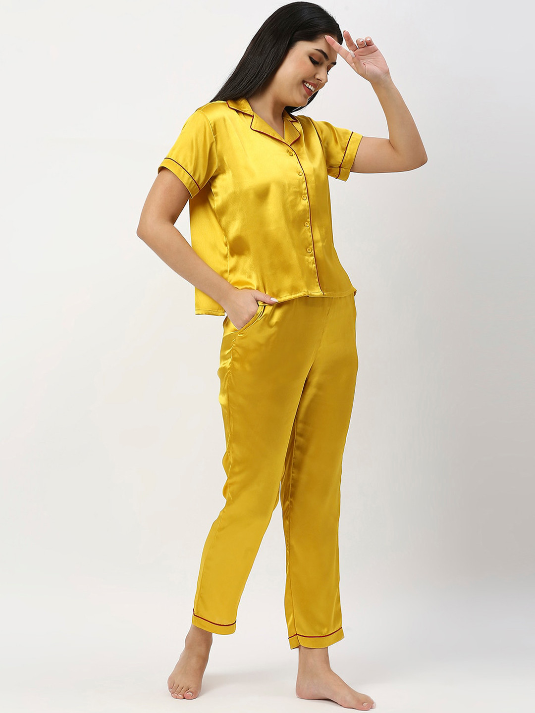 

ZRI Women 2 Pieces Printed Satin Night Suit, Mustard