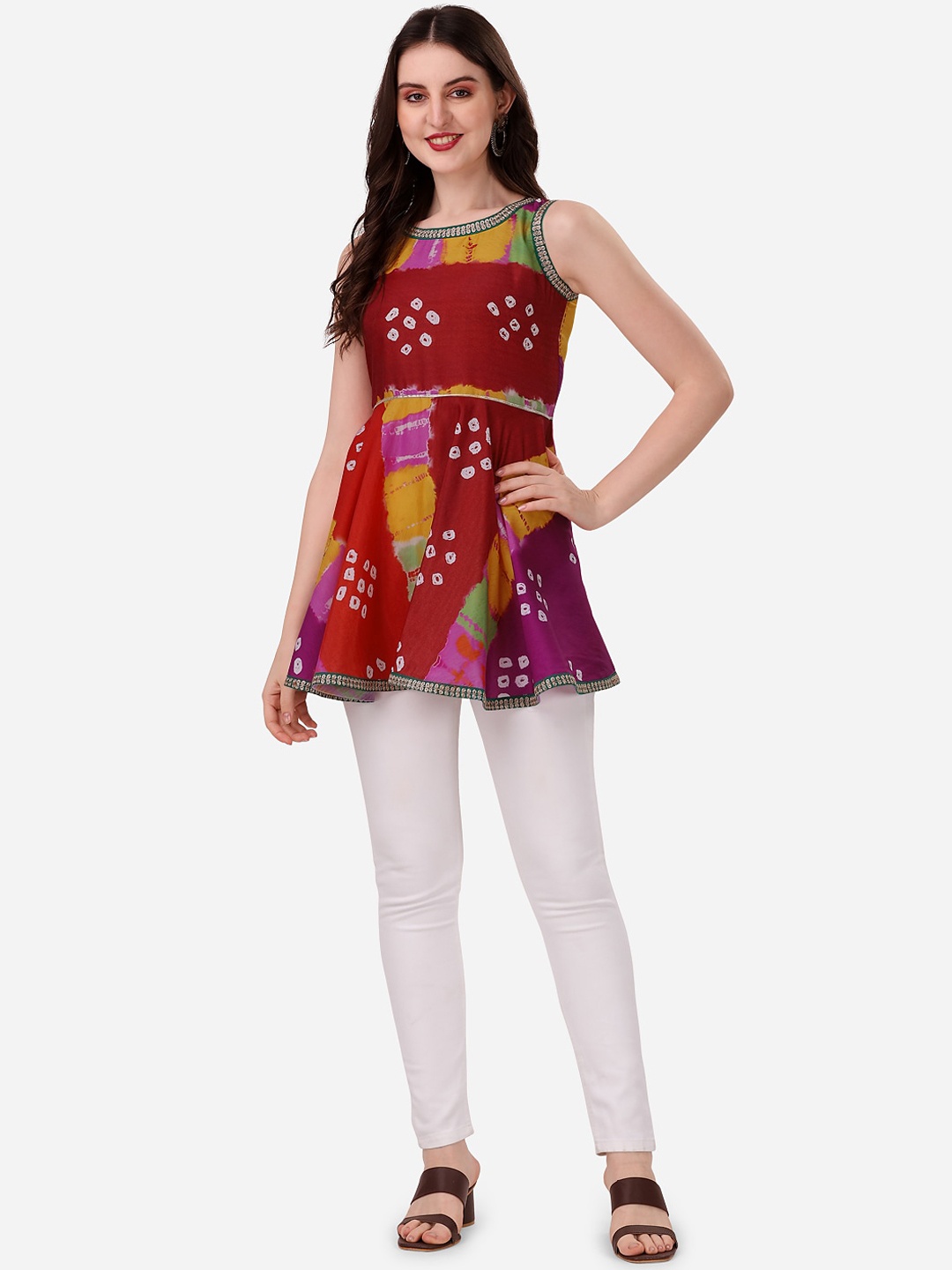 

HERE&NOW Women Bandhani Printed Sleeveless Kurti, Red