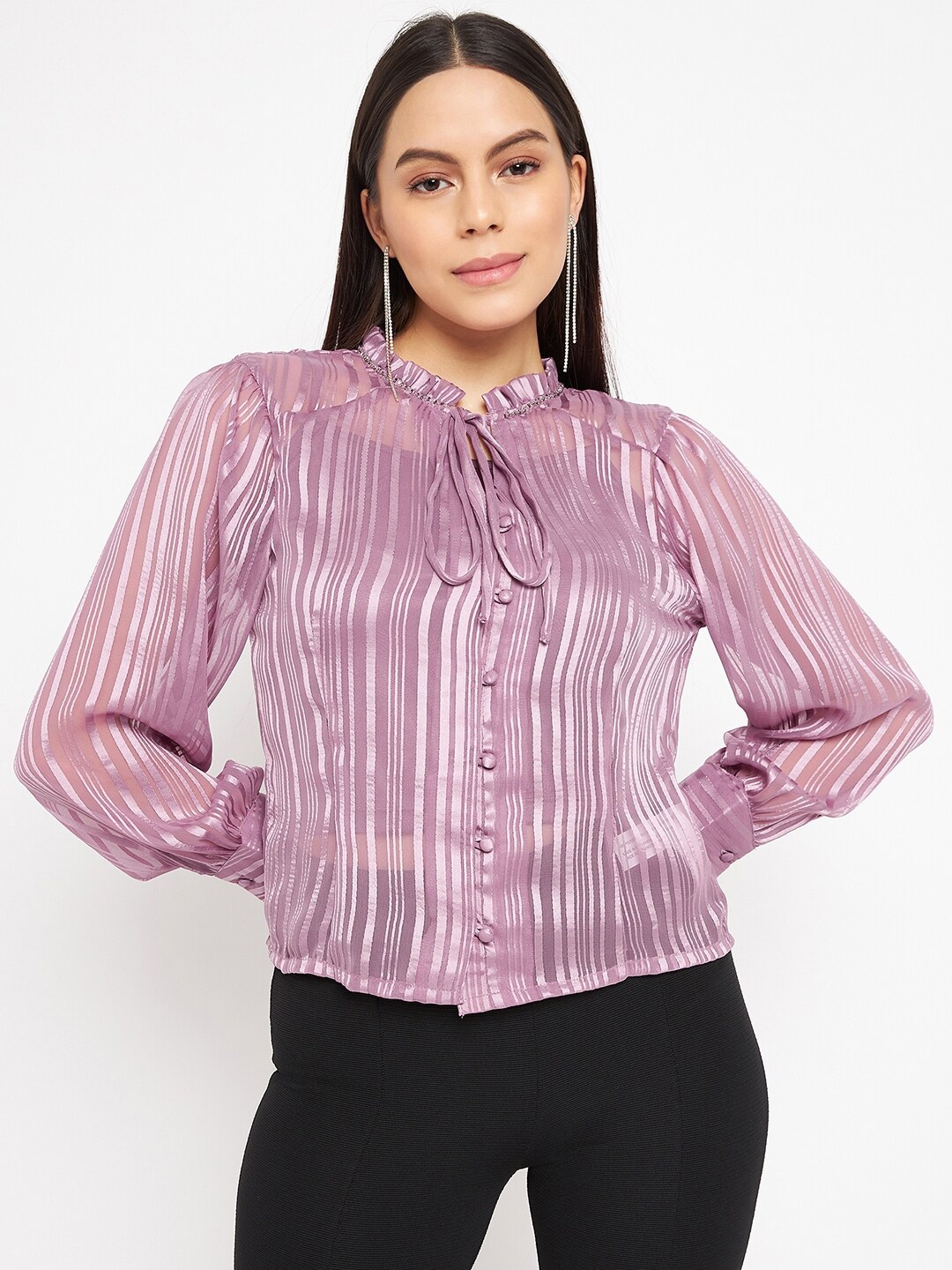 

Madame Striped Tie-Up Neck Shirt Style Top, Mauve